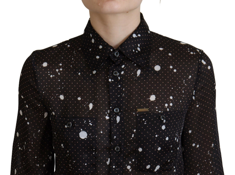 Zwarte polka dot lange mouwen button down jurk