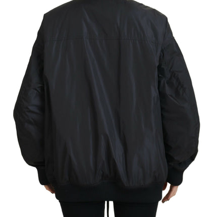 Black Logo Print Full Zip Women Bomber Jacket