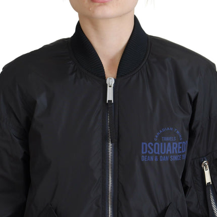 Black Logo Print Full Zip Women Bomber Jacket