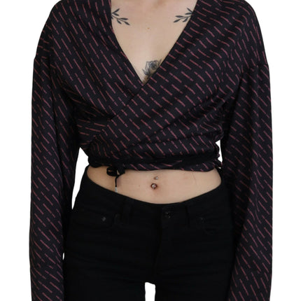 Zwart polyester bijgesneden logo bedrukte blouse top