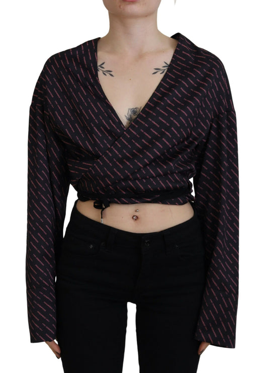 Zwart polyester bijgesneden logo bedrukte blouse top