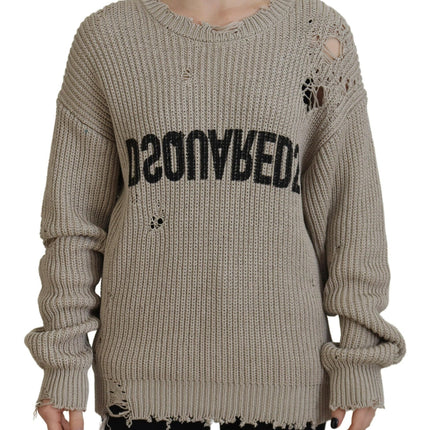 Beige Cotton Knitted Crewneck Pullover Sweater