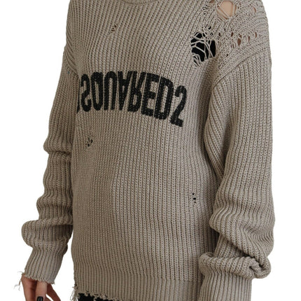 Beige Cotton Knitted Crewneck Pullover Sweater