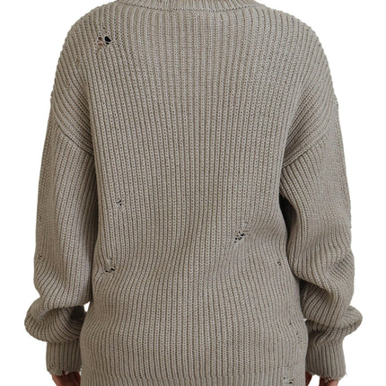 Beige Cotton Knitted Crewneck Pullover Sweater