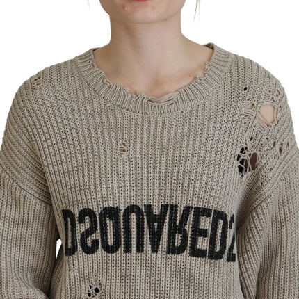 Beige Cotton Knitted Crewneck Pullover Sweater