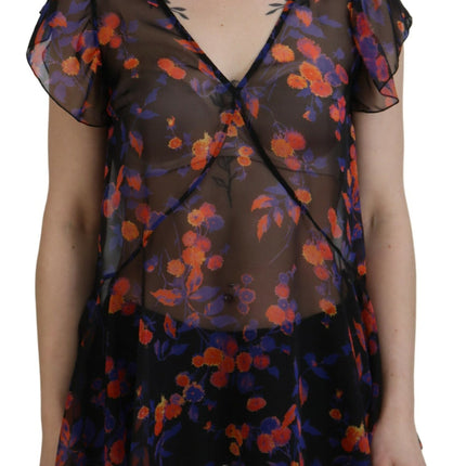 Top blusa de cuello en V de manga corta con estampado floral negro