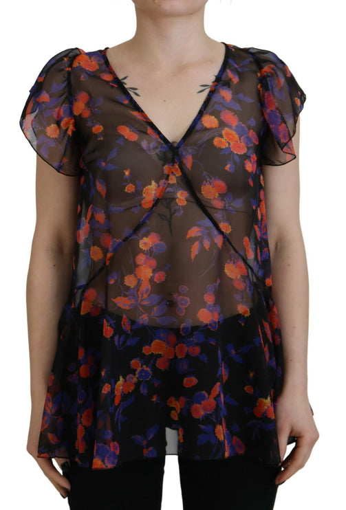 Zwarte bloemenprint korte mouwen v-hals blouse top