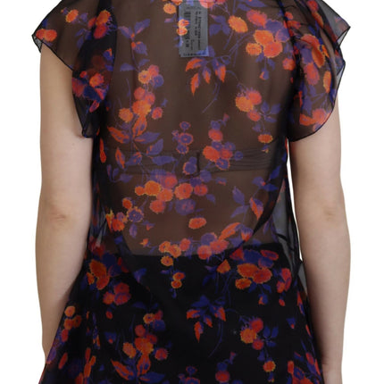 Top blusa de cuello en V de manga corta con estampado floral negro