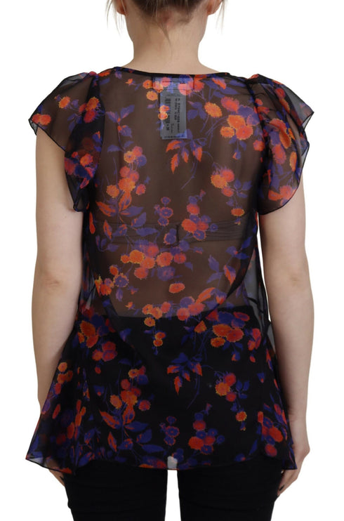 Zwarte bloemenprint korte mouwen v-hals blouse top