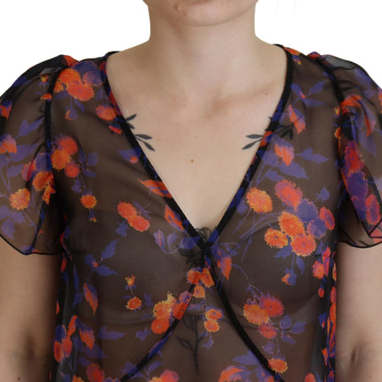 Top blusa de cuello en V de manga corta con estampado floral negro