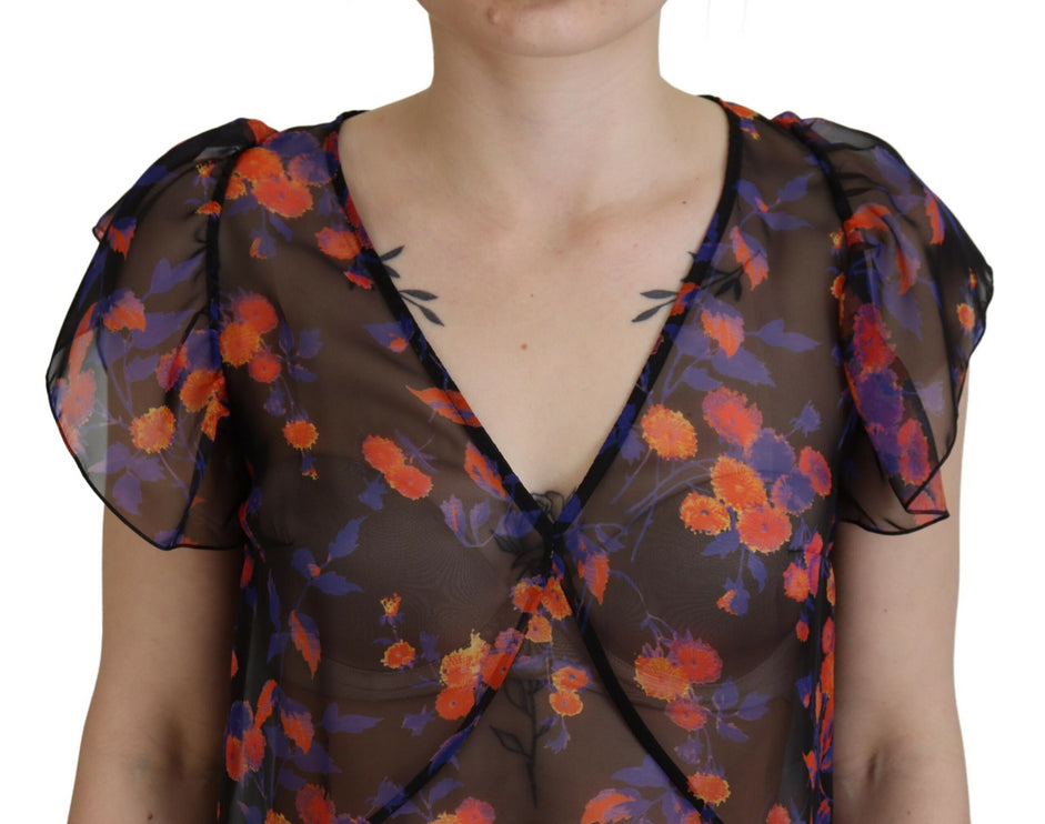 Zwarte bloemenprint korte mouwen v-hals blouse top