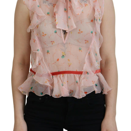 Top de cuello ascot sin mangas de seda de estampado floral rosa