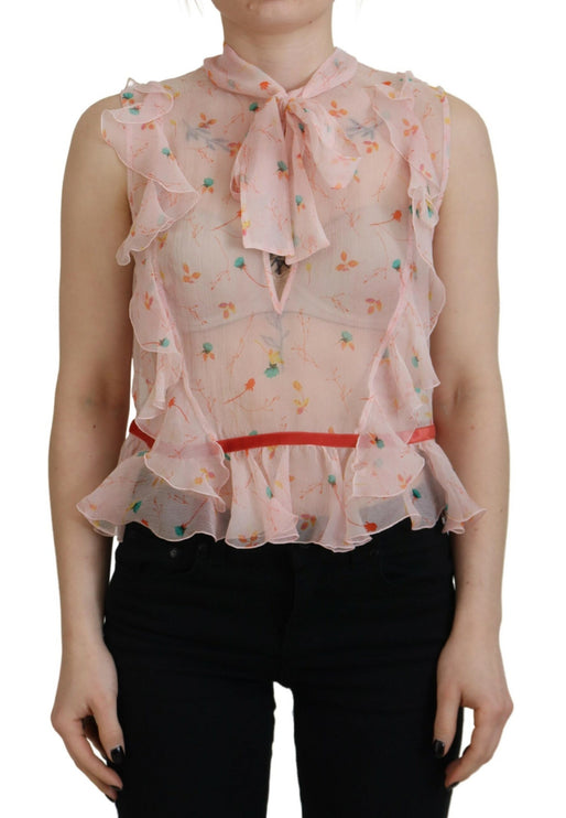 Top de cuello ascot sin mangas de seda de estampado floral rosa