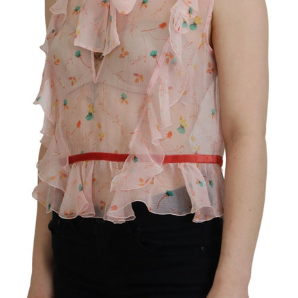 Top de cuello ascot sin mangas de seda de estampado floral rosa