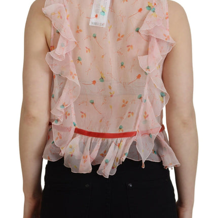 Top de cuello ascot sin mangas de seda de estampado floral rosa