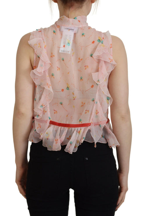 Top de cuello ascot sin mangas de seda de estampado floral rosa