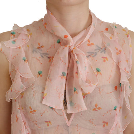 Top de cuello ascot sin mangas de seda de estampado floral rosa