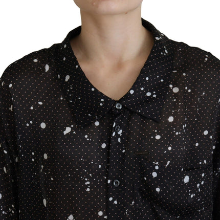 Zwarte polka dots collared button down blouse top