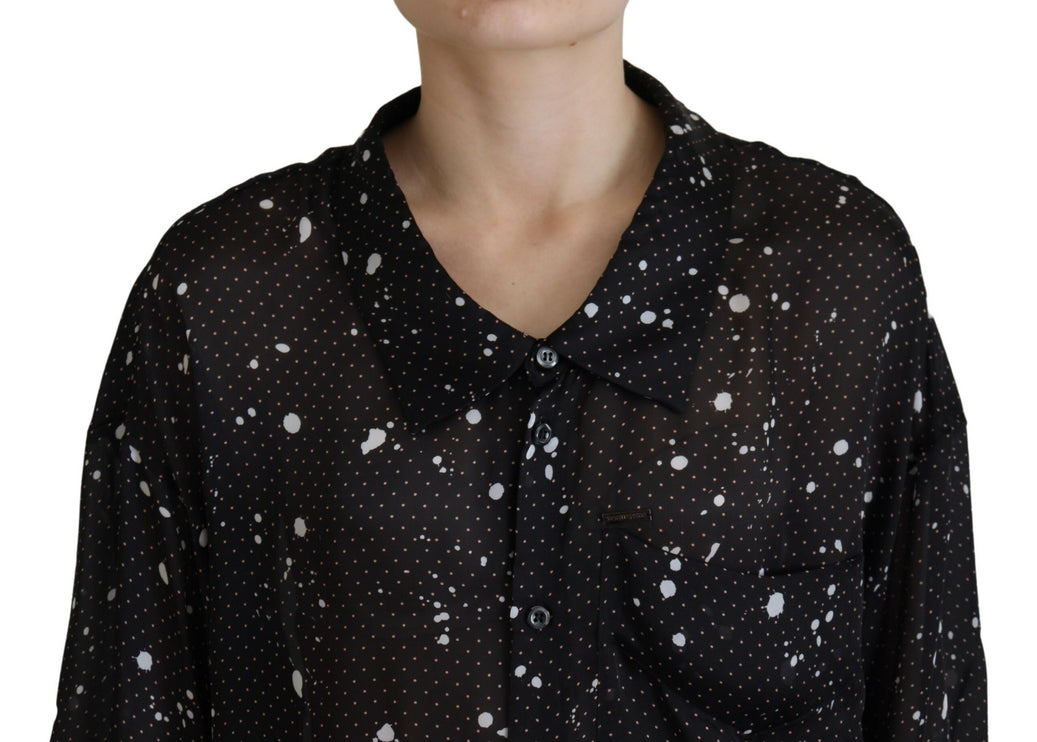 Zwarte polka dots collared button down blouse top