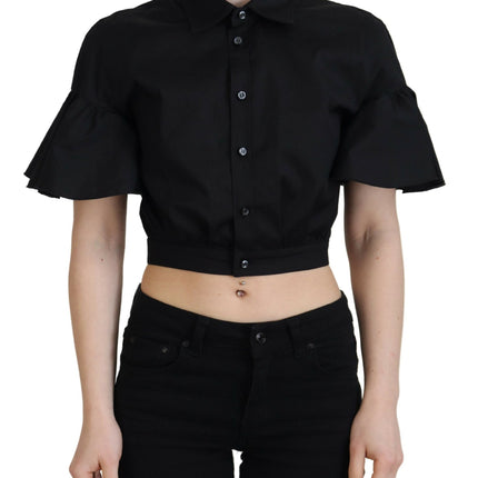 Black Collared Button Down Short Sleeve Cropped Top