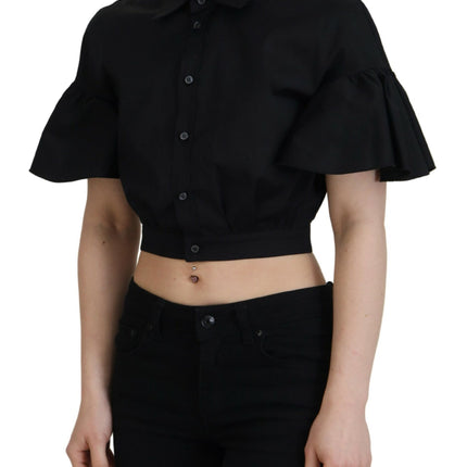 Black Collared Button Down Short Sleeve Cropped Top