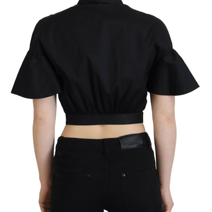 Black Collared Button Down Short Sleeve Cropped Top