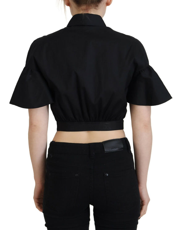 Black Collared Button Down Short Sleeve Cropped Top