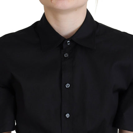 Black Collared Button Down Short Sleeve Cropped Top