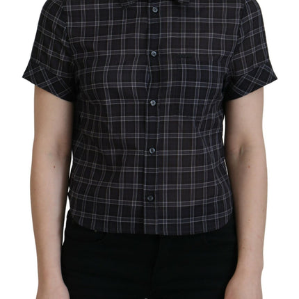 Black Checkered Collared Button Short Sleeves Top