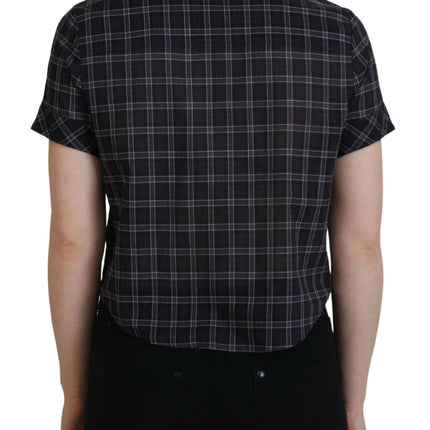 Black Checkered Collared Button Short Sleeves Top