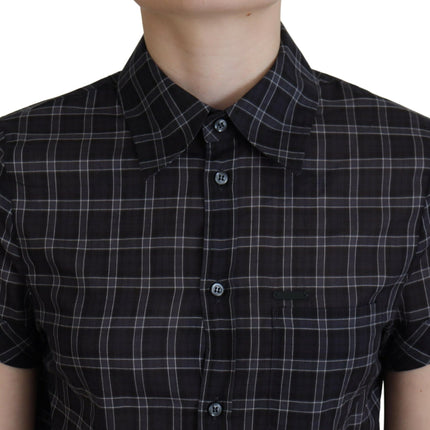 Black Checkered Collared Button Short Sleeves Top