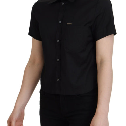 Zwarte collared button down down short mouwen polo top