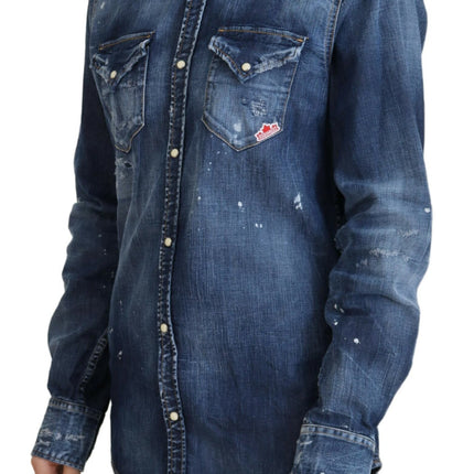 Shirt in denim con cotone lavata blu con cotone