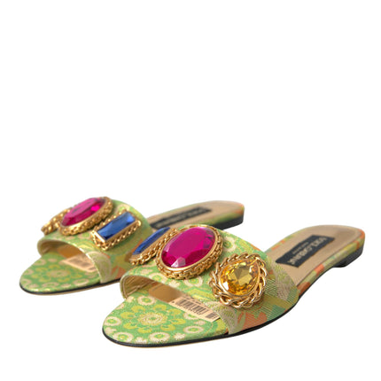 Green Crystal Jacquard Flats Sandals Chaussures