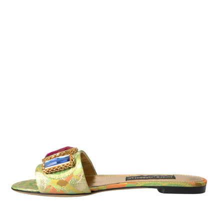 Green Crystal Jacquard Flats Sandals Chaussures