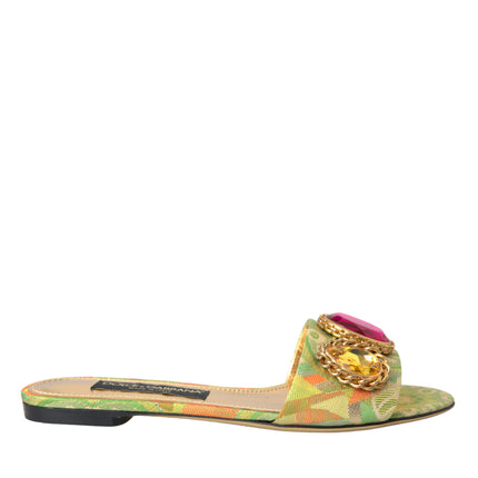 Green Crystal Jacquard Flats Sandals Chaussures