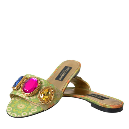 Green Crystal Jacquard Flats Sandals Chaussures