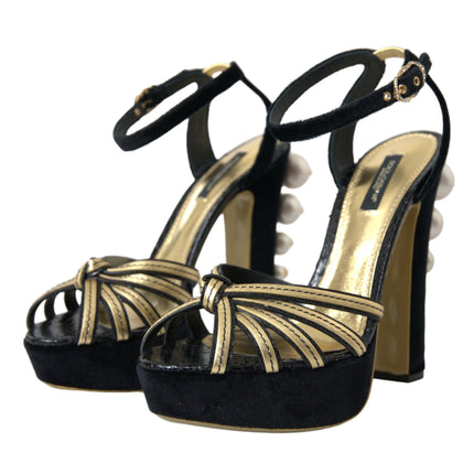 Zapatos de sandalias de tacones adornados con oro negro