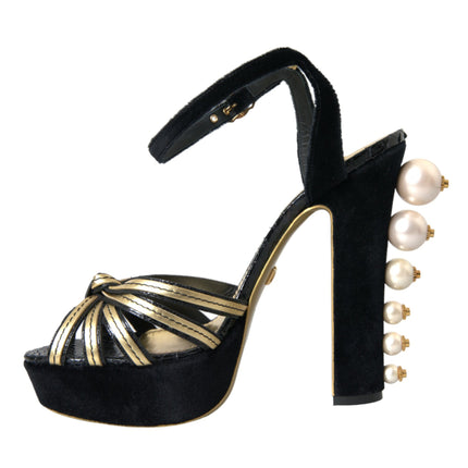 Zapatos de sandalias de tacones adornados con oro negro