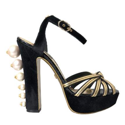 Zapatos de sandalias de tacones adornados con oro negro