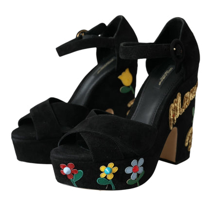 Zapatos de tacones de tacones de tobillo floral negro zapatos