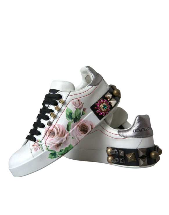 Rose di cristallo in pelle bianca scarpe floreali di sneaker floreali