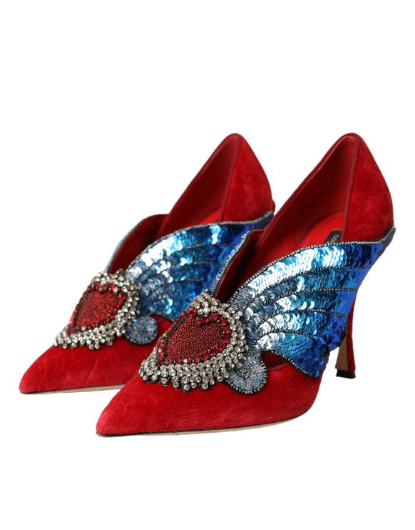 Zapatos de bombeo de tacones de cristal de terciopelo de terciopelo rojo