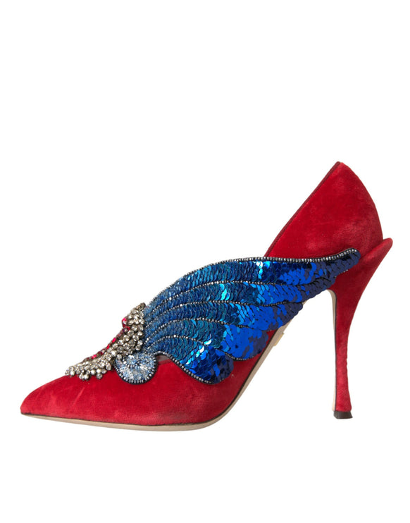 Zapatos de bombeo de tacones de cristal de terciopelo de terciopelo rojo