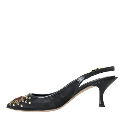 Scarpe con slingback del tallone abbellite in maglia nera