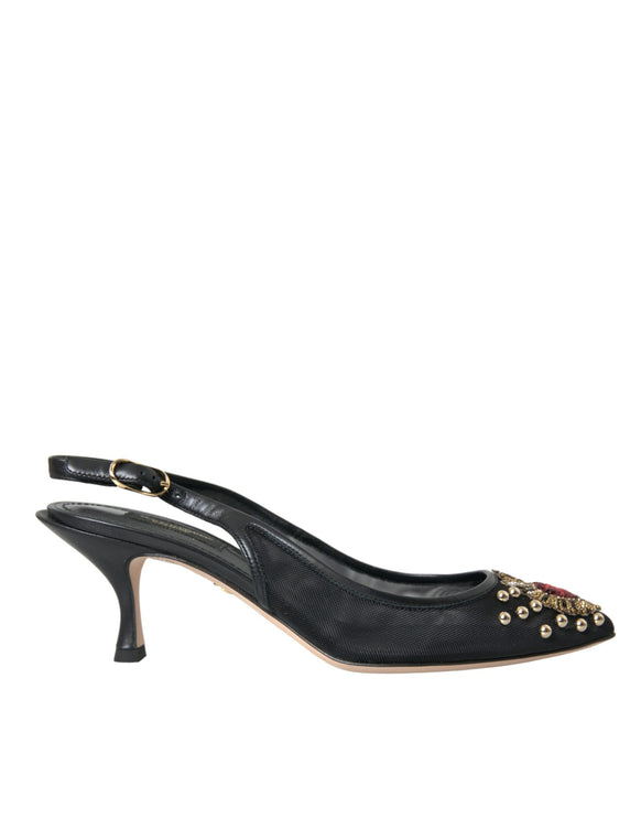 Scarpe con slingback del tallone abbellite in maglia nera