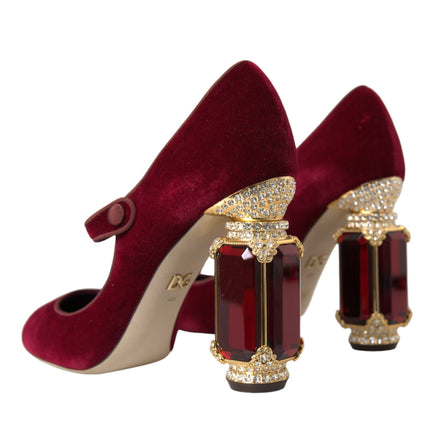 Tacones de cristales de oro de terciopelo rojo Mary Jane Zapatos