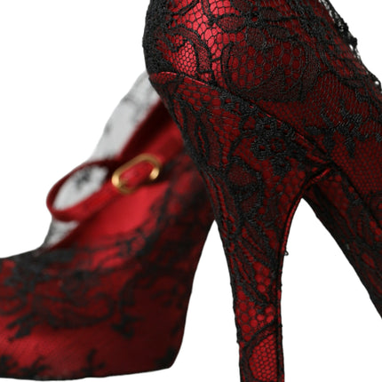 Chaussures en dentelle florale rouge noir Mary Jane