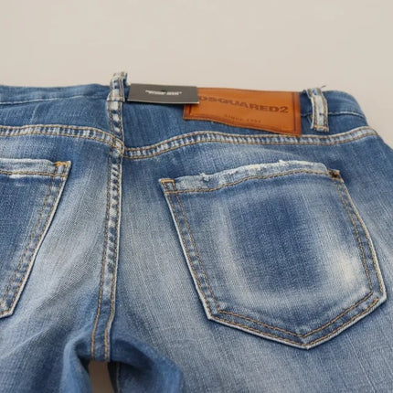 Blauw gewassen katoen midden taille uitlopende denimjeans