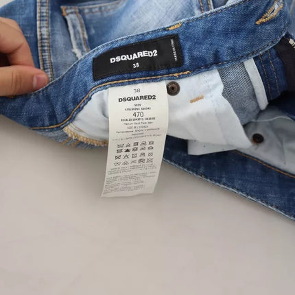 Blauw gewassen katoen midden taille uitlopende denimjeans